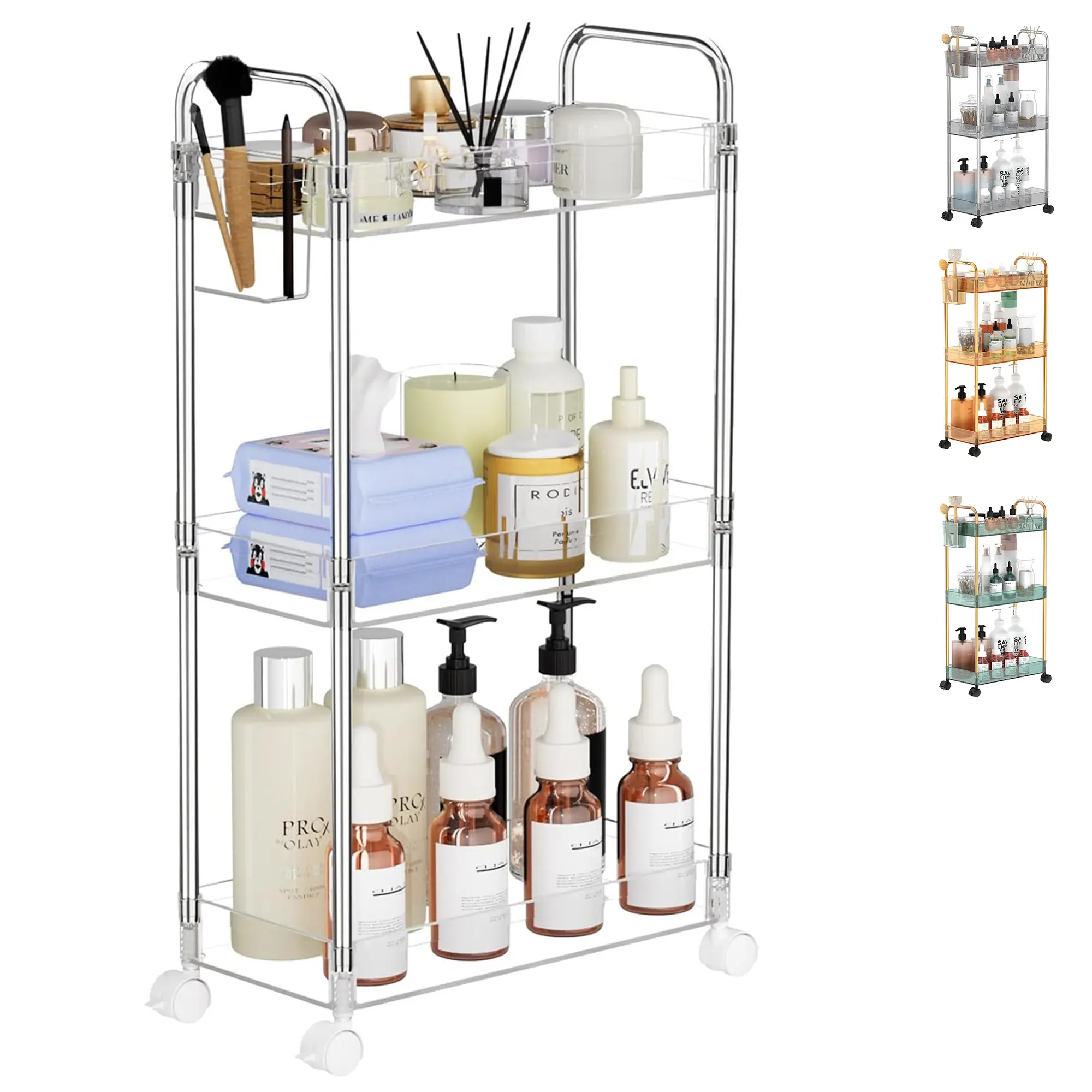 Acrylic Storage Rolling Cart 3 Tier Clear Bathroom Cart Organizer, Transparency Laundry Room Organization Mobile Shelving Unit Multifunction Rolling Utility Cart for Office Living Room