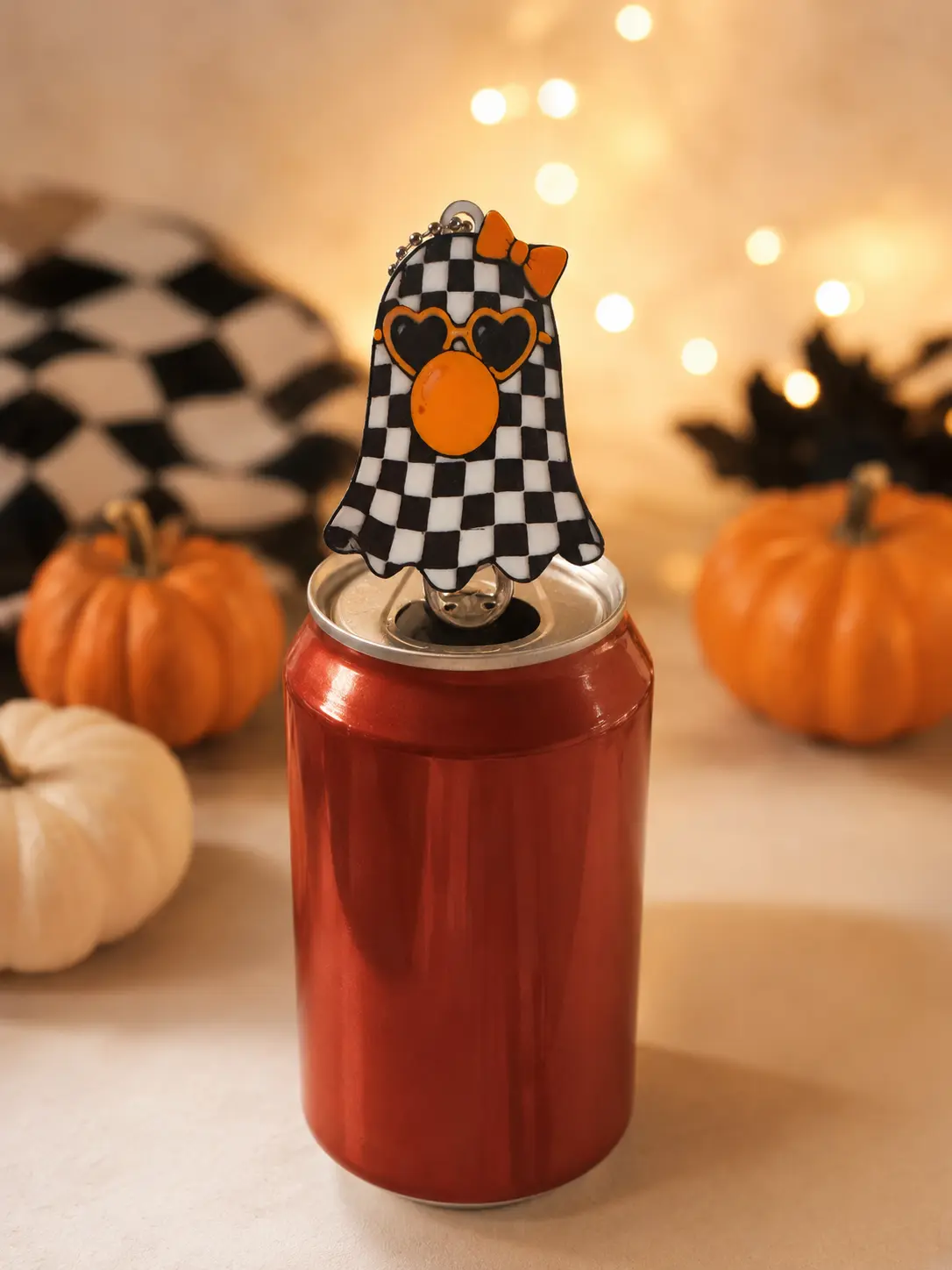 Emo Halloween Ghost Can Opener Keychain – Checkered Soda Tab Lifter, Nail Saver & Cute Fall Accessory