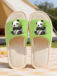Fresh Bamboo Panda Slippers, Waffle Linen Breathable, Cute All-Season Soft Sole, Casual Animal Print PVC Upper, Nonwoven Fabric Sole