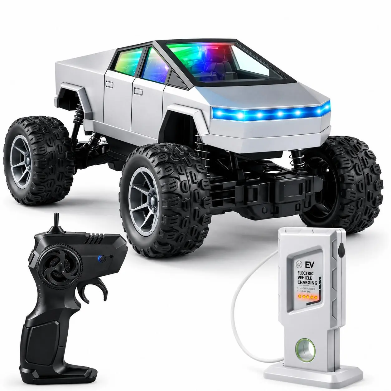 Cyber RC Monster Truck for Kids, Rechargeable Remote Control Off Road Pickup Toy with LED Lights and Controller