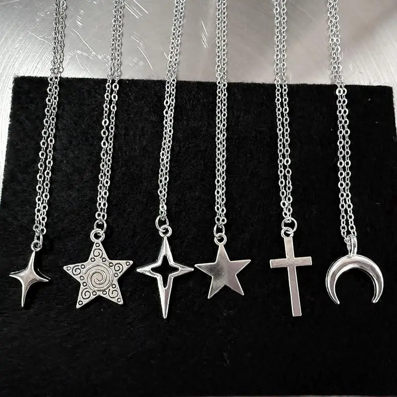 Y2K Star Cross Charm Necklace Unisex Grunge Punk Fashion Jewelry Pendant Accessory for Women And Men 45cm