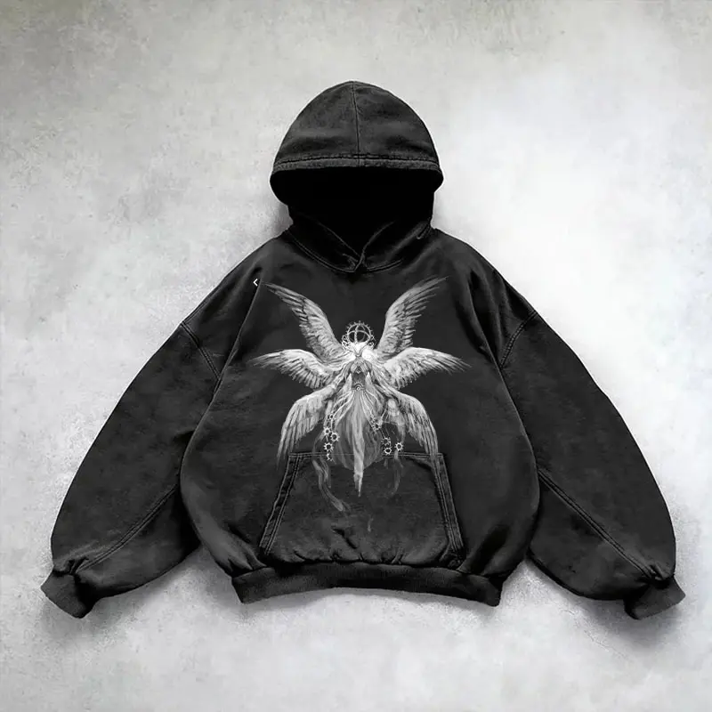 Seraphim Angel Graphic Hoodie Unisex Oversized Vintage Washed Six-Winged Print Heavyweight Christian Streetwear with Drawstring & Pocket