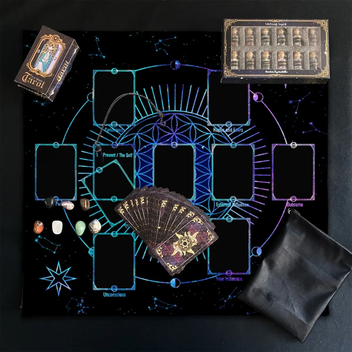 6PC Tarot Reading Set Divination, 1 set with 78 Tarot cards, 1 set with 12 mineral bottles, 1 set with 7 chakra stones, 1 polyester drawstring bag, 1 tablecloth, 1 pendant, an astrological set for Tarot scholars, Spiritual Astrology