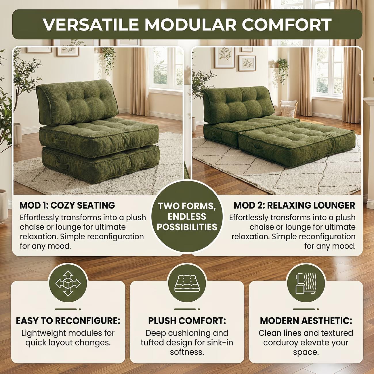 Chenille Small Space Convertible Sofa Bed, 2-in-1 Folding Floor Sleeper, No Assembly Space Saving Couch for Living Room Bedroom Apartment Dorm Guest Room Boneless Chaise Plush Modern furniture sectional Modular