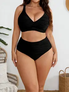 New High Waist Bikini Two-Piece Set, Deep V Neck, Detachable Pads, Special Fabric, Sexy Style, All Seasons, Crop/short Length, Removable Padding