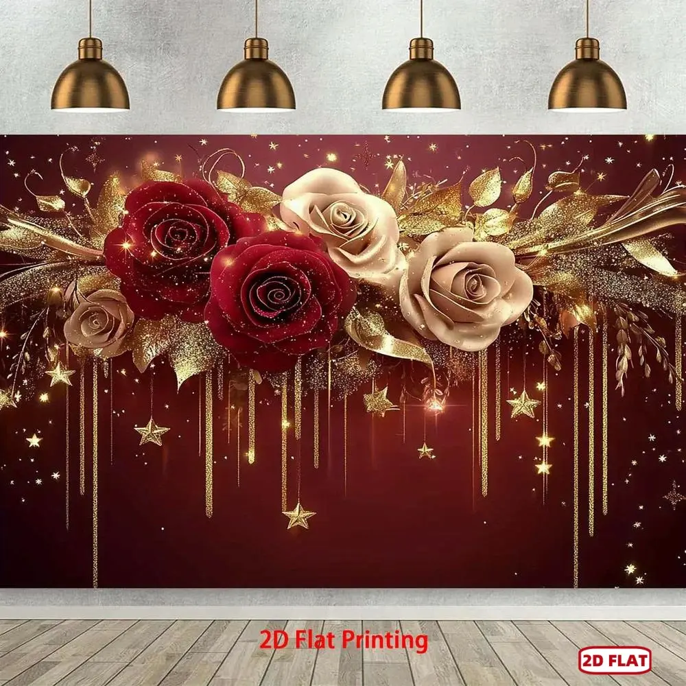 1pc Luxurious Burgundy-Golden Flower Glittered Polyester Party Banner - High-Quality, No Electricity Needed, Party Decoration Supplies, Versatile Home Decor, Birthday Backdrop, Backdrop Picture, Photo Studio Prop