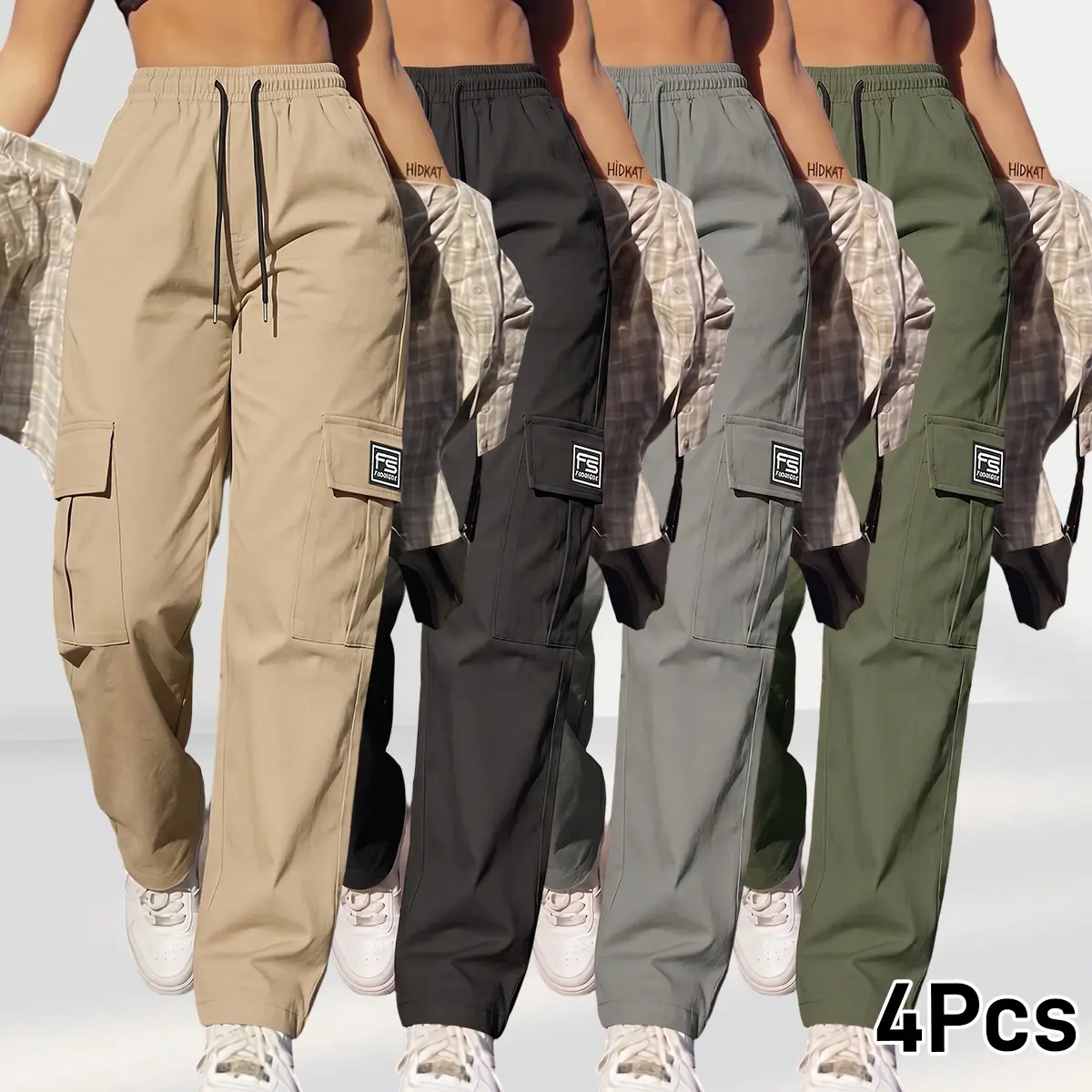 Set of 4 women’s casual cargo pants: loose, relaxed wide-leg harem pants with pockets for beachwear; vacation summer women’s clothing; quick-drying, lightweight hiking/travel/running comfort pants with pockets; summer style; women’s casual loose high-wais