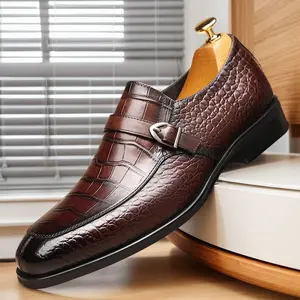 Men's crocodile-embossed monk shoes with adjustable metal buckle strap, comfortable non-slip rubber sole, durable formal shoes, men's business wedding shoes23726
