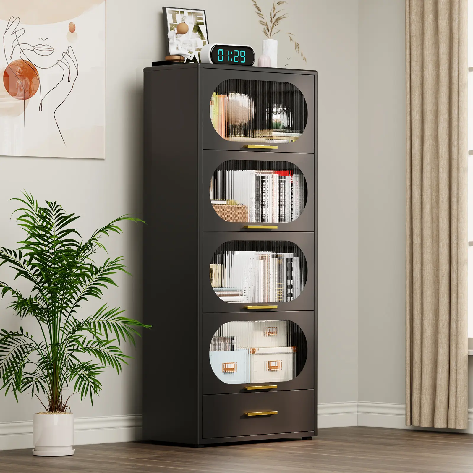 Metal Kitchen Storage Cabinet Pantry Organizer - Heavy-Duty Coated Carbon Steel, High Capacity, Space-Saving Vertical Frame, Flip-Up Glass Doors, Microwave Stand, Drawers, Utility Cupboard for Dining & Living Room US with 1 x Assembly Manual, Maximum Vert