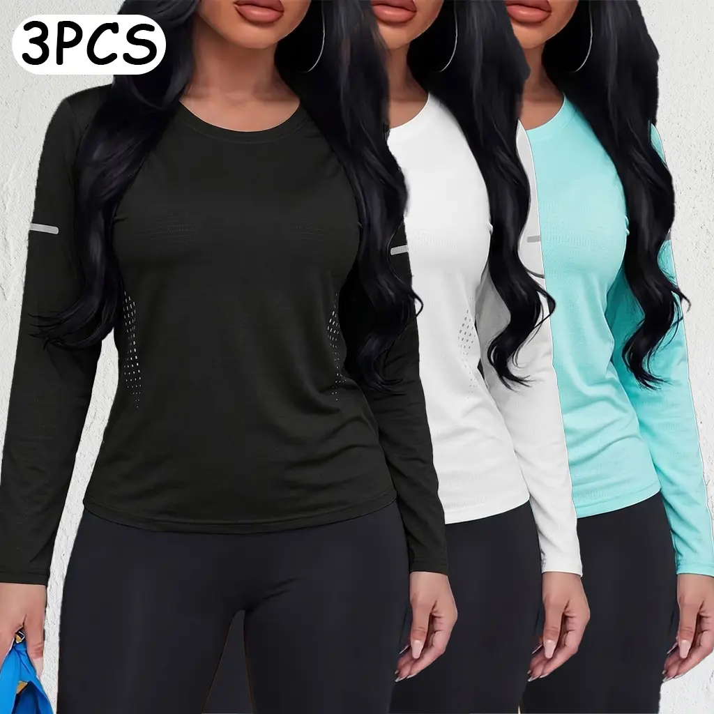 3-pack women’s long-sleeve shirts—very casual wear, outdoor sports tops suitable for hiking, leisure, and office settings. backtoschool
