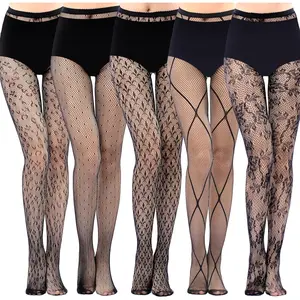 Amandir 5 Pairs Fishnet Stockings Womens Lace Mesh Patterned Fishnet Leggings Tights Net Pantyhose Black 06(5 Pairs) Amandir