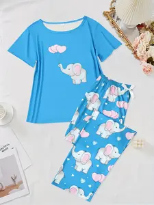 Blue Elephant Print Sleepwear Set, Loungewear, Short Sleeve T-Shirt & Elastic Waist Pants, Comfortable Homeewear, Women's Cute Pajamas, Summer