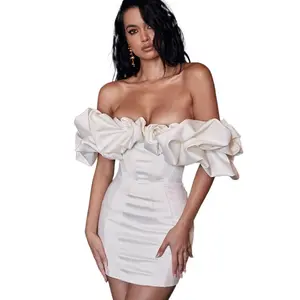 Viral Off Shoulder Ruffle Bodycon Mini Dress for Women, White Black Boned Corset Dress, Petite Friendly Curvy Approved, Wedding Guest Party Outfit, Spring Summer Elegant Formal DressViral Off Shoulder Ruffle Bodycon Mini Dress for Women, White Black Boned