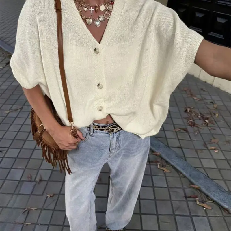 Sweet Dreams. Lady's Oversized Knitting Batwing SleeveCardigan, V-Neck Button-Front Basic Women's Tops,Casual Bohemian Summer Outfits Knitwear