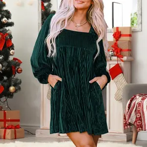 Tie Back Square Neck Velvet Babydoll Dress with Pockets for Women's Fashion Casual Long Sleeve Dresses