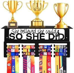 Medal Hanger Display & Trophy Holder - ANSLCA 15.8 x 7'' Medal Holder and Trophy Display Hanger Rack Frame Easy to Install Wall Mount for Boys & Girls Displaying Over 70 Medals and 4 Trophies