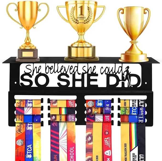 Medal Hanger Display & Trophy Holder - ANSLCA 15.8 x 7'' Medal Holder and Trophy Display Hanger Rack Frame Easy to Install Wall Mount for Boys & Girls Displaying Over 70 Medals and 4 Trophies