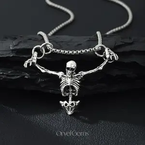Halloween Skull Skeleton Necklace – Punk Gothic Pendant, Biker Rock Jewelry for Men & Women, Unique Gift, Halloween Party