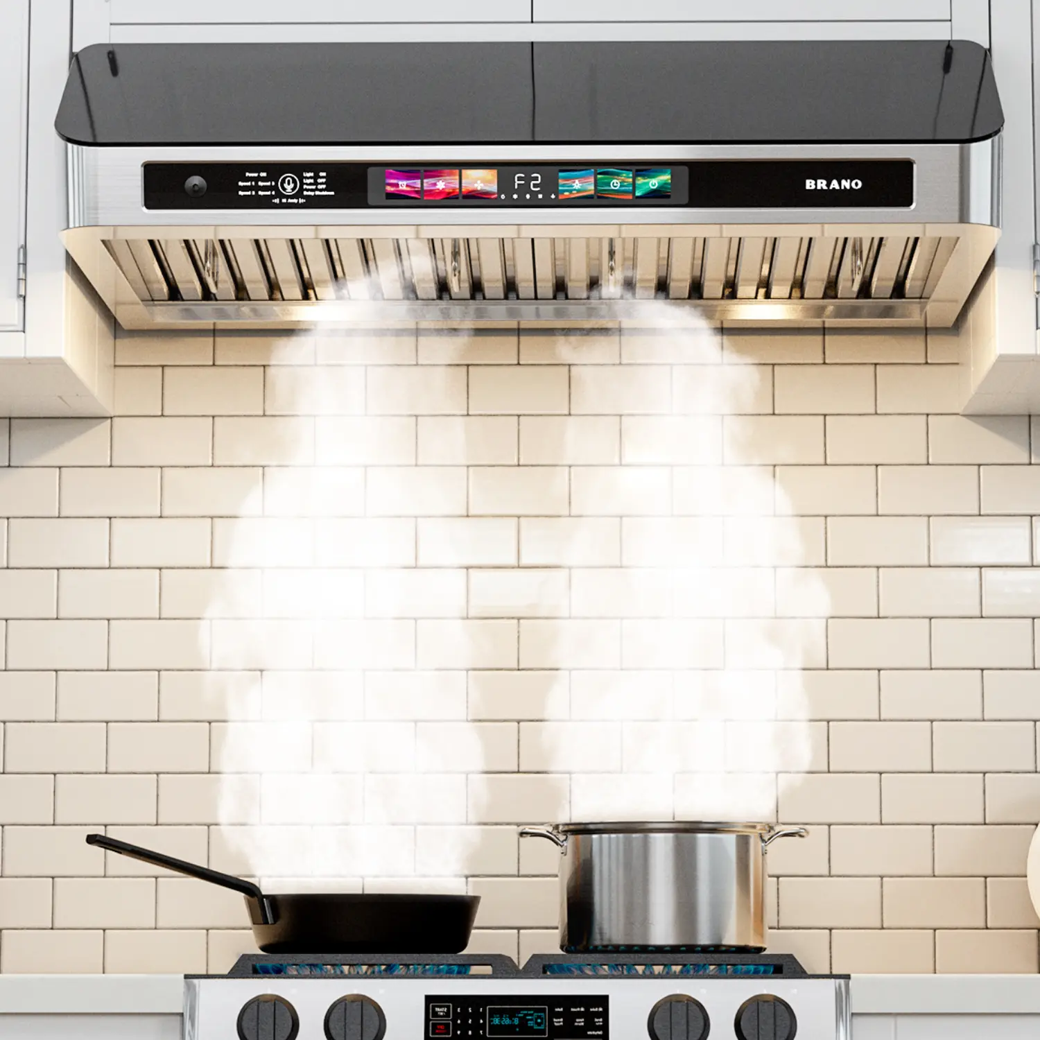 BRANO 30-inch Under Cabinet Range Hood – Whisper-Quiet, 900 CFM Power for Grease-Free Air, Hands-Free Voice & Gesture Control