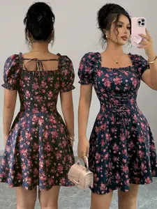 Women's Ditsy Floral Square Collar Puff Sleeve Waist Drawstring Ruffle Hem Midi Dress