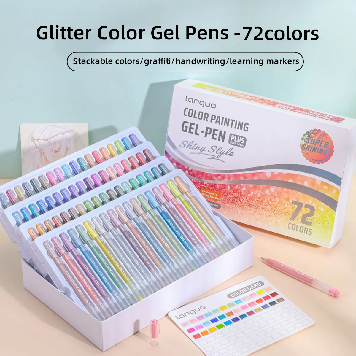 Languo Flash Effect Gel Pens Set, Gel Paint Pens, 72 Colors Gift Box, High-Quality Stackable Ink, 1.0mm Bullet Tip, Large Capacity, Smooth Coverage, Art Supplies