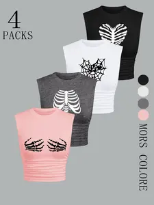 Women's Skeleton Hand Print Round Neck Crop Athletic Tank Top, Vest Top, Casual Sleeveless Crew Neck Top for Summer, Ladies Clothes for Daily Wear, Casual Tank Tops, Socks, Halloween