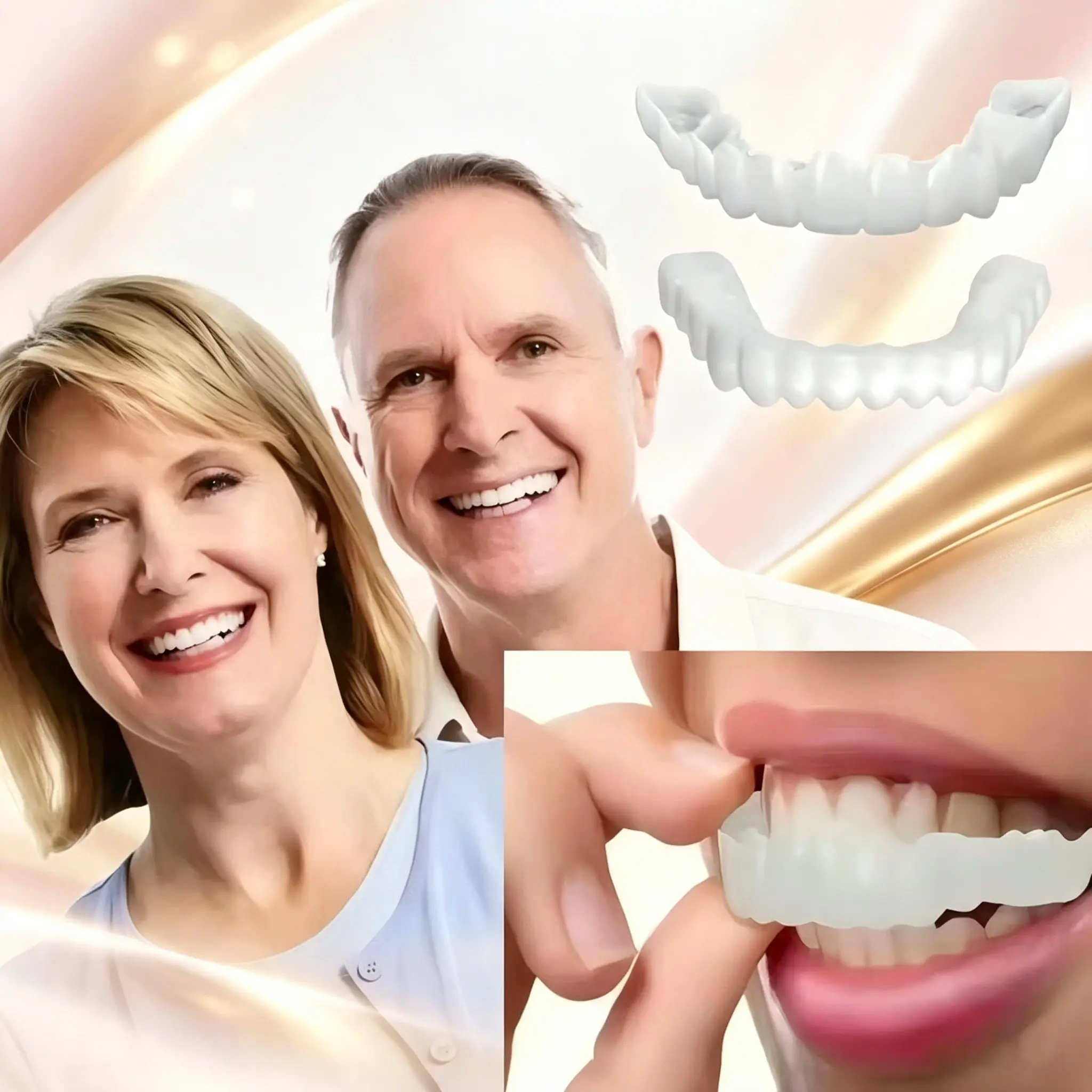 2-Pair Silicone Snap-On Smile False Teeth Set, Polypropylene Instant Veneers, Cosmetic Whitening Covers, Clip-In Top & Bottom Dentures for Stain Coverage