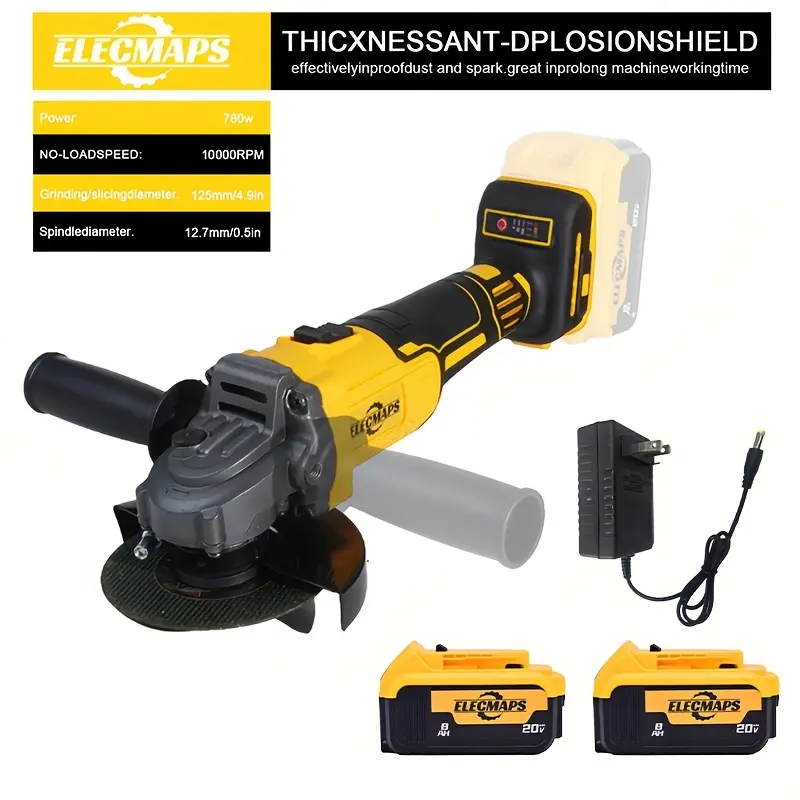 ELECMAPS Cordless Angle Grinder, compatible with 20V MAX batteries, high-speed brushless motor, electric angle grinder with adjustable speed settings, suitable for sanding and polishing, professional polishing, sturdy and durable, ideal