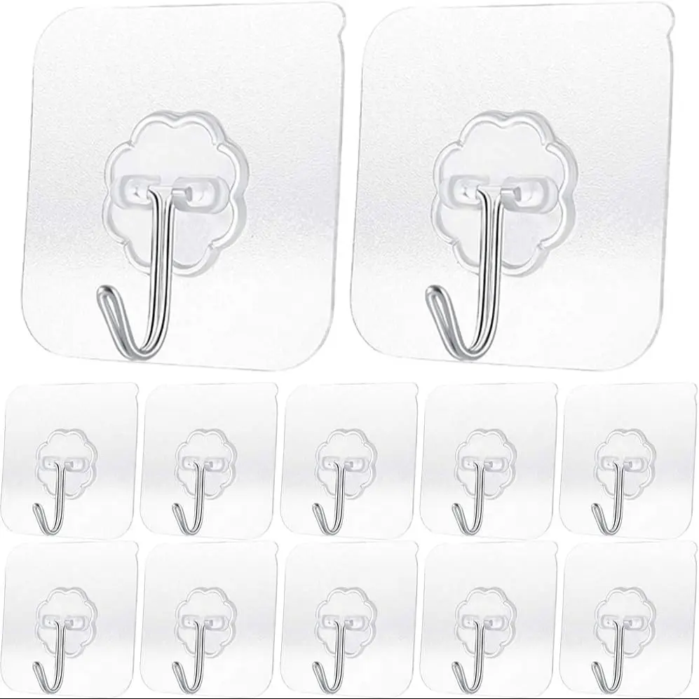 10 Pack Self-Adhesive Hooks, Max Load 22lbs, Transparent Waterproof Sticky Wall Hooks for Keys Bathroom Kitchen Outdoor Use, Bathroom Organizing Accessories, Adhesive Shower Hooks