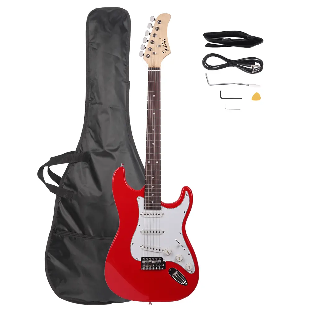 Wooden Red Rosewood Electric Guitar for Beginners - 22-Fret Fingerboard, Lightweight Basswood Body, Guitar Tuning Pegs, Whammy Bar, with Bag, Strap, Pick, Tools, Classic Tone