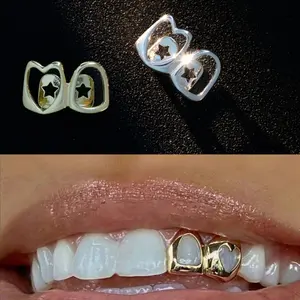 Hip hop rap braces double spell hollow gold teeth flash diamond braces
