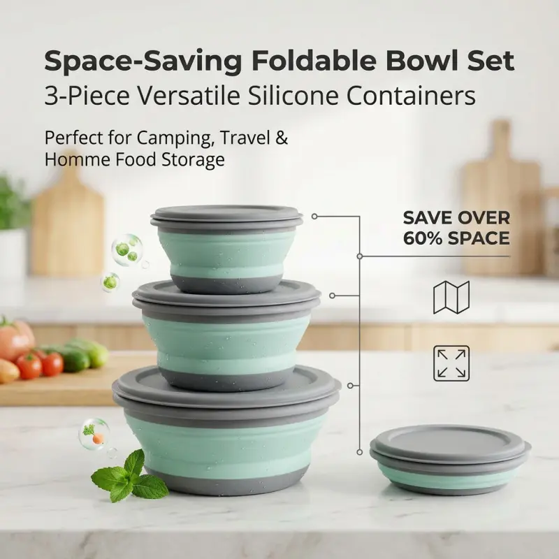 3-Piece Collapsible Silicone Bowl Set with Lids, Space-Saving Foldable Food Containers, BPA-Free Stackable Bowls for Camping, Travel & Meal Prep, Camping Dishes, Picnic Essentials