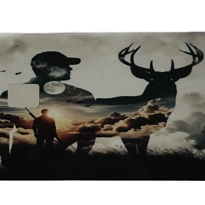 2x3 in Outdoor Theme Wallet Sleeve, Evening Hunt Vinyl Print with Deer Silhouette & Hunter Silhouettes, Chip-Safe, Residue-Free, Includes Free Protective Cover