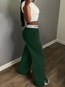 Women's Casual Fit Letter Waist Wide Leg Split Slit Pants Bottom, Plain Design, All-Season Wear, Perfect for Daily & Lazy Days, Womenswear