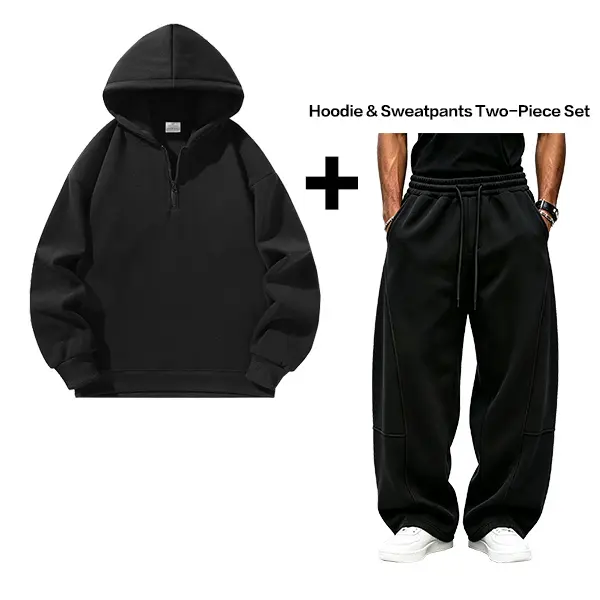 Men’s loose two-piece athletic set: solid-color long-sleeve hooded sweatshirt + sweatpants, complete set; sweatpants with a wide elastic waistband and drawstring.Suitable for daily commuting and campus wear, casual and stylish.Suitable for autumn and wint