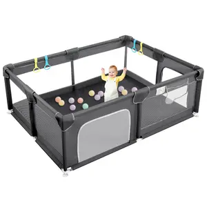 BIOBY Portable Baby Playpen, 74" x 50" x 26" Extra Large Playard, Soft Mesh Sturdy Pipe Ample Space for abies and Toddler, Safe and Non-Slip Baby Fence, Full Mesh Design, Indoor & Outdoor Kids Activity Center, Portable Travel Design, Dark Grey