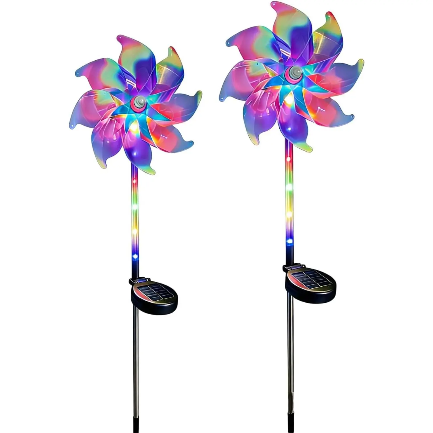 2 Pack Rainbow Pinwheels for Yard and Garden, 28 Inch Solar Powered Wind Spinners with Reflective Design and Stakes, Colorful Outdoor Lawn Decorations for Garden, Patio, Farm and Walkway