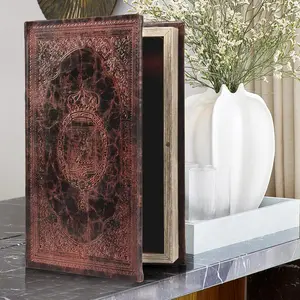 Decorative Vintage Style Faux Embossing Book Box, Hollow Wood, 3-01, Brown - Birthday/Graduation Gift, Hidden Surprise