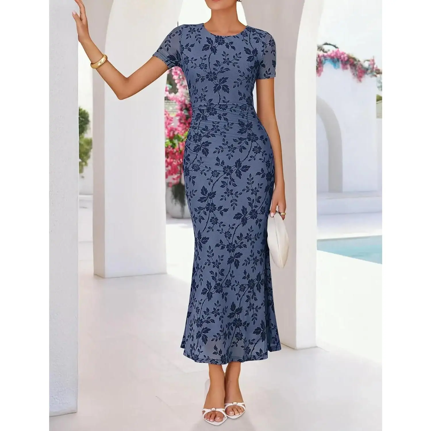 princess polly baby blue dress Women's Summer Short Sleeve Floral Bodycon Dress 2026 Ruched Mesh Wedding  Guest Cocktail Party Maxi Dresses Dusty Blue Medium