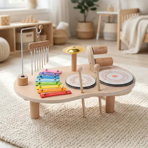 Wooden Montessori 7-in-1 Drum & Xylophone Musical Station - Percussion Kit with Artistic Printed Drum Surface, Kids Toys for 3+ Years, Educational Birthday Gift