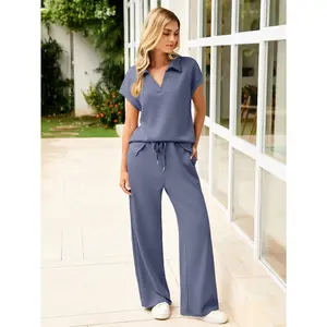 Simplee Summer 2 Piece Lounge Sets - Cap Sleeve Polo Neck Top and Long Pants Outfits - Elegant Casual Tracksuit for Travel