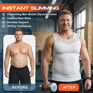 【ruflum】Men Compression Shapewear Tank Top Seamless Undershirts Bionic Targeted Tummy Control Eliminate Gynecomastia X-Shape Back Stretch Posture Correction Breathable Mesh Fabric Basic Menswear for Special Events Dating Business Party Sports Holiday Gift