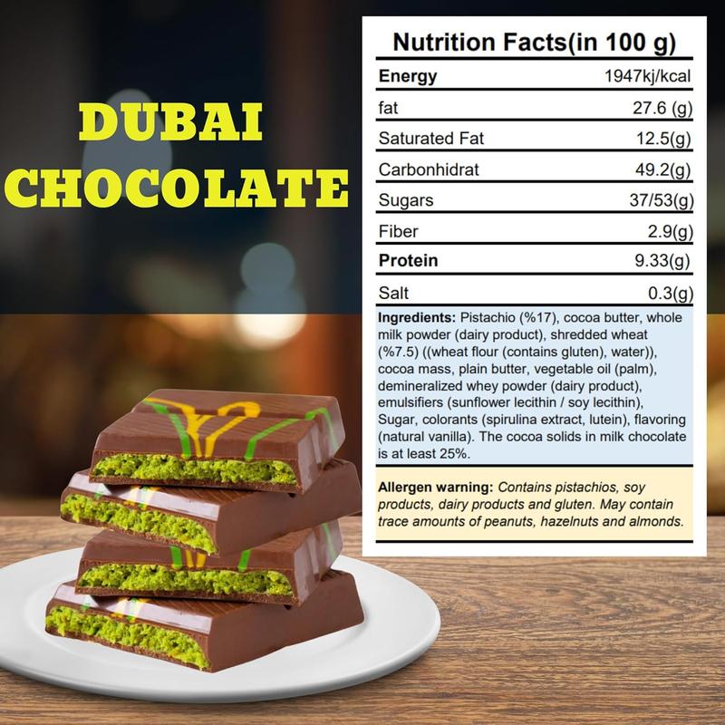 Dubai Chocolate Bar - Premium Milk Chocolate with Kadayif and Pistachio Cream, 7.4oz (2 Bars)