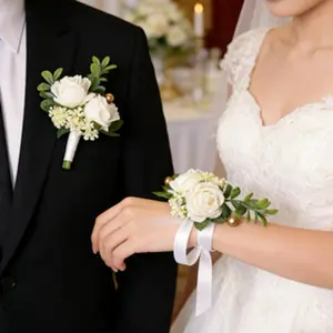 2pcs Artificial Rose Corsage & Wrist Flower Set Realistic Fake Flowers for Wedding Prom Anniversary Party Decor All Season Trending Viral Bridal Floral Accessories