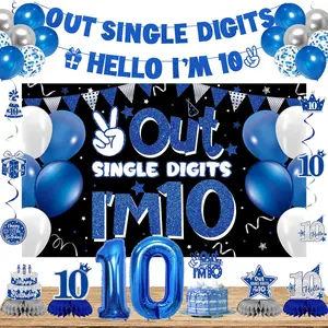 10th Birthday Party Decorations for Boys Girls Blue Out Single Digits I'm 10 Banner 10 Number Balloons Cake Topper 29PC Honeycomb Hanging Swirl Confetti Balloons Unisex