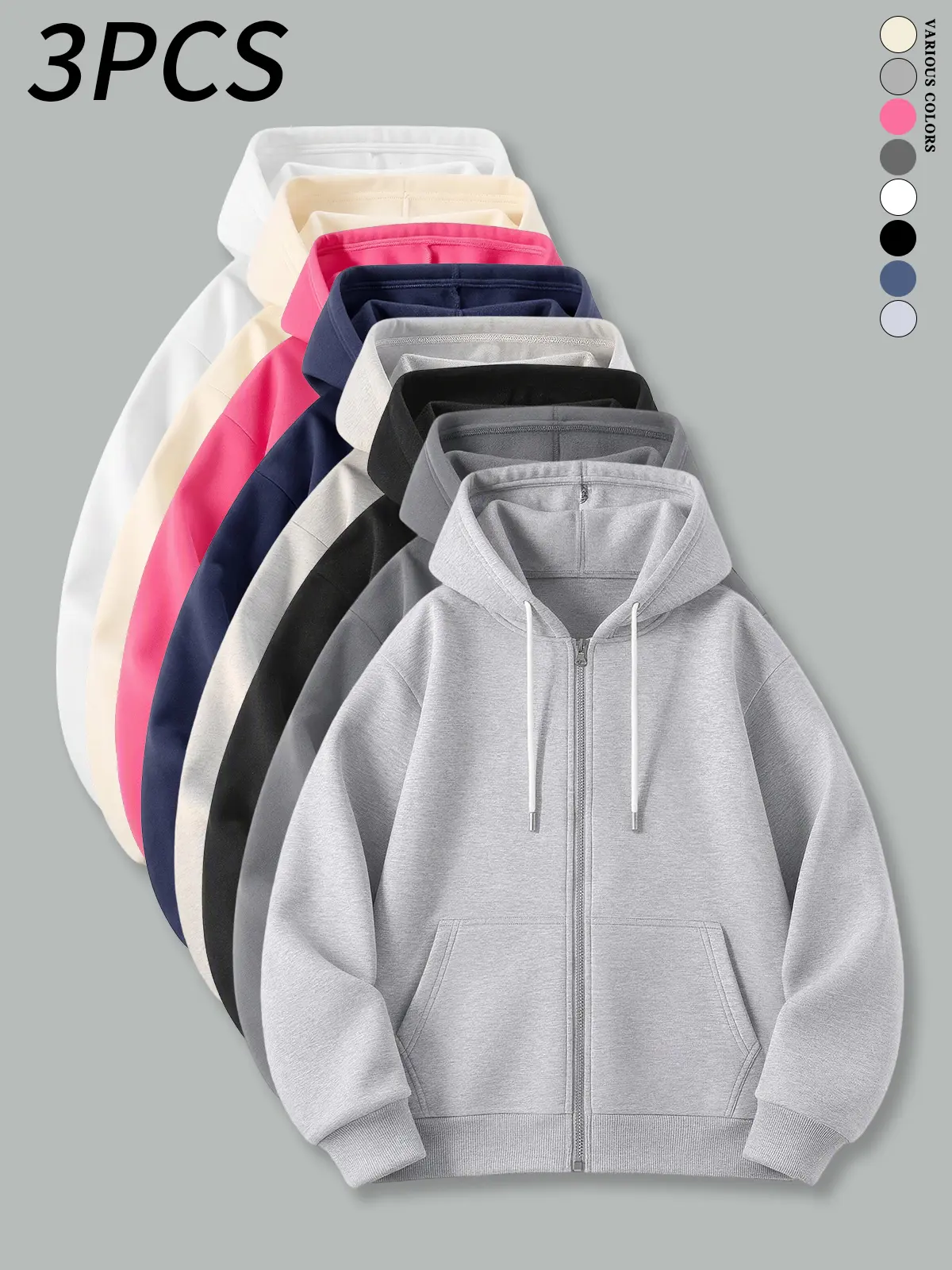 3-pack men’s tops, men’s full-zip hooded sweatshirt, men’s sweatshirt, autumn/winter clothing, comfortable and stylish, long-sleeve zip-up hoodie, men’s hoodies, solid-color hooded jacket, men’s casual sweatshirts, men’s everyday jackets