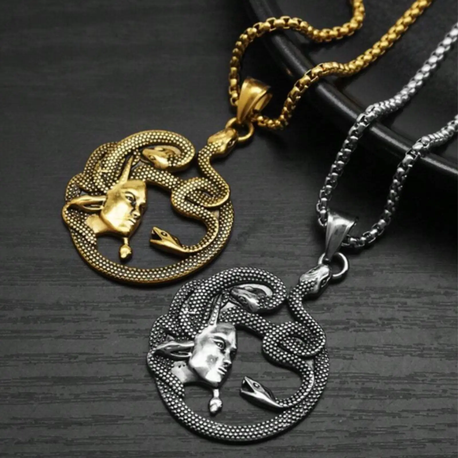 European and American Vintage Mythology Style Medusa Gorgon Snake Hair Pendant, Punk Titanium Steel Necklace