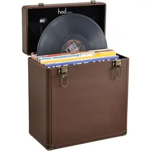 Vinyl record storage box with lock—record organizer for 30+ 12-inch singles; water-resistant, collapsible storage crate with lid and handle; mesh pouch for valuable album collection