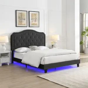 ARCH Upholstered Bed Button Tufted with Curve Design - Strong Wood Slat Support - Easy Assembly - Black Velvet - With LED light-platform bed - Queen