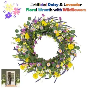 22 in Spring Wreath for Front Door – Artificial Daisy & Lavender Floral Wreath with Wildflowers, Farmhouse Spring Summer Holiday Decor, Easter Party Wall Wreath